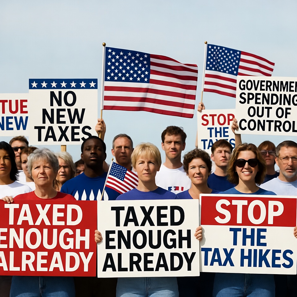 Crowd protesting new taxes with signs Crowd protesting new taxes with signs