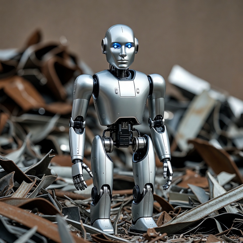 Silver robot standing in scrap metal Silver robot standing in scrap metal