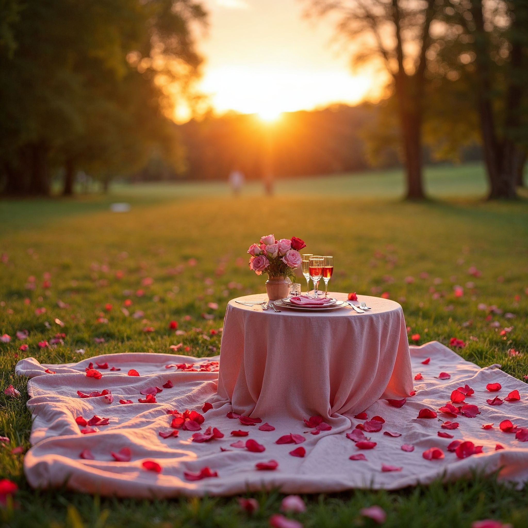 Romantic Sunset Picnic Table with Roses Romantic Sunset Picnic Table with Roses