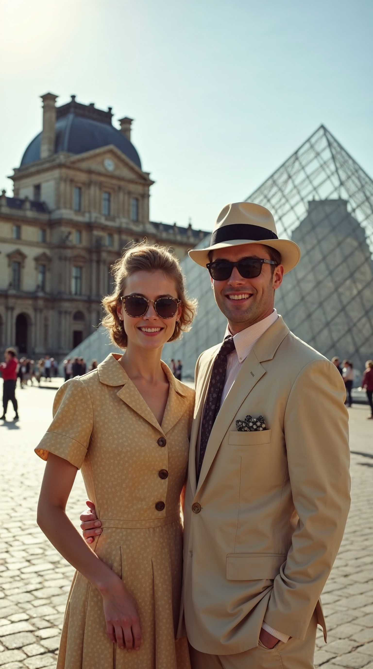 Couple in retro outfits at Louvre Pyramid Couple in retro outfits at Louvre Pyramid