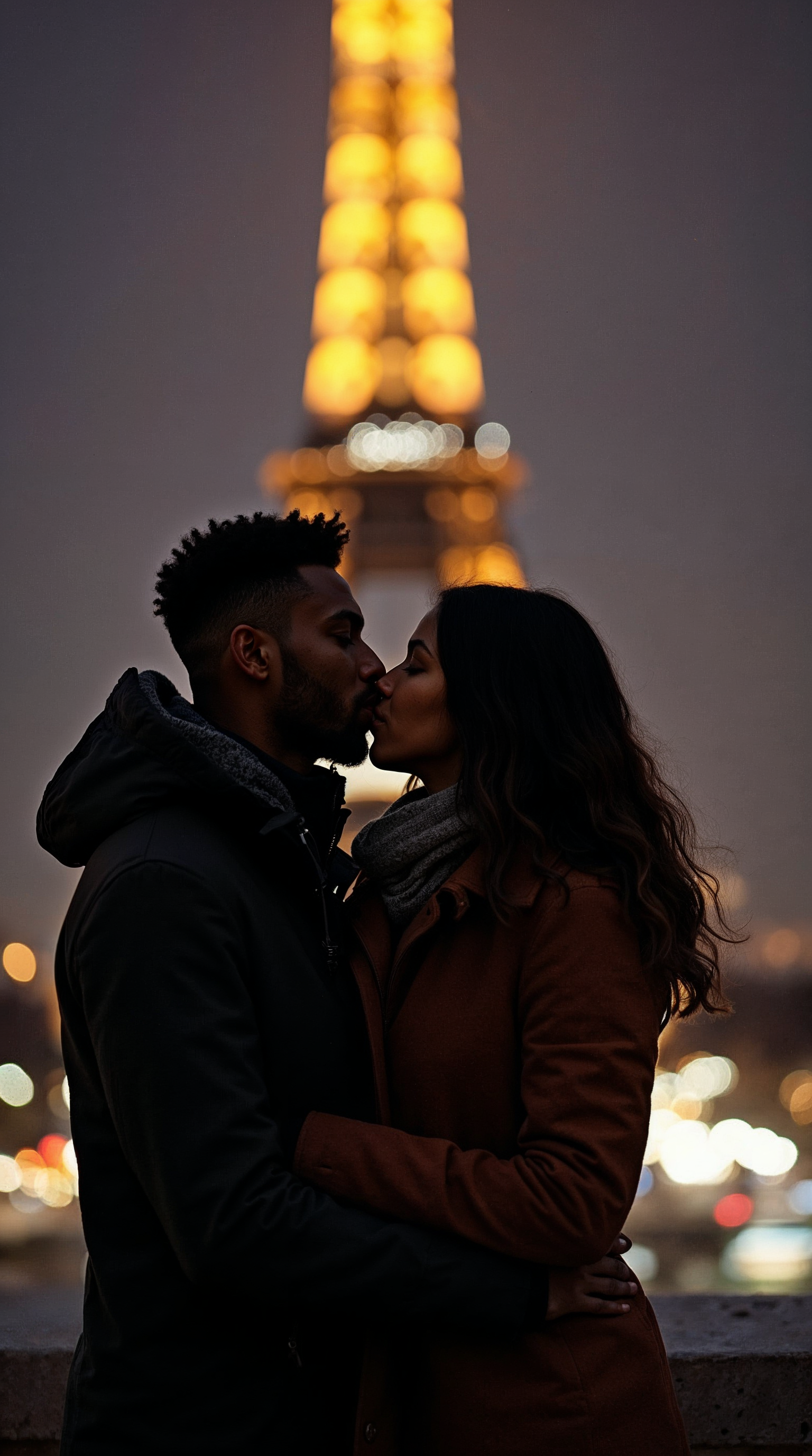 Couple kissing in front of Eiffel Tower Couple kissing in front of Eiffel Tower