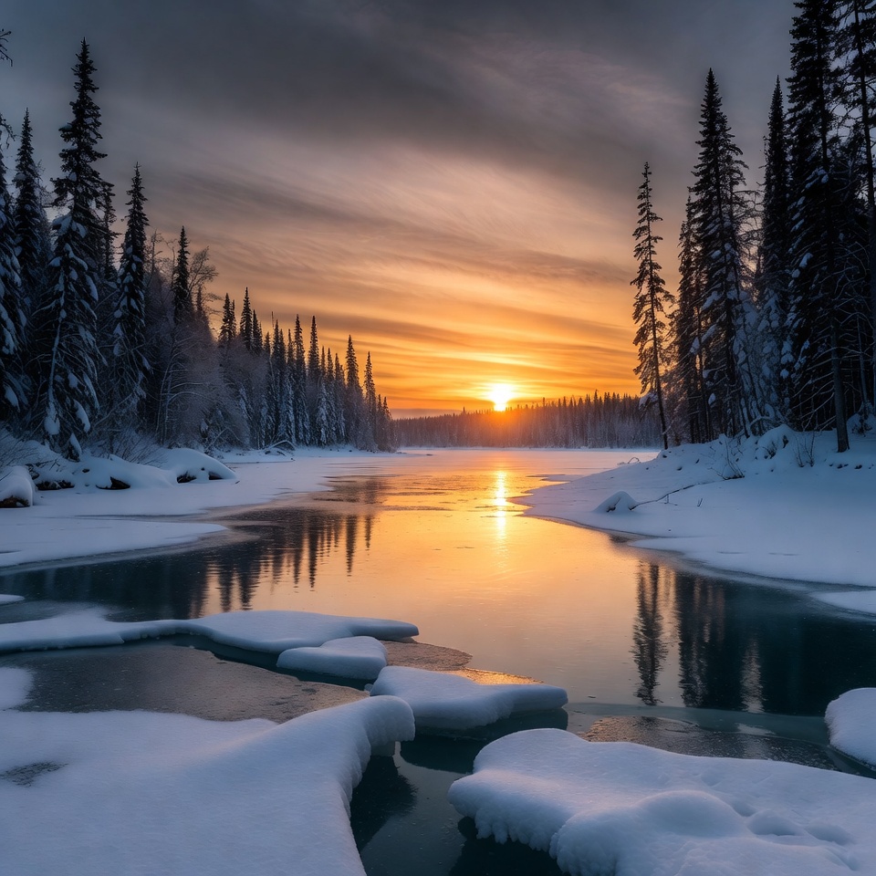 Winter River Sunset with Snowy Pine Trees Winter River Sunset with Snowy Pine Trees