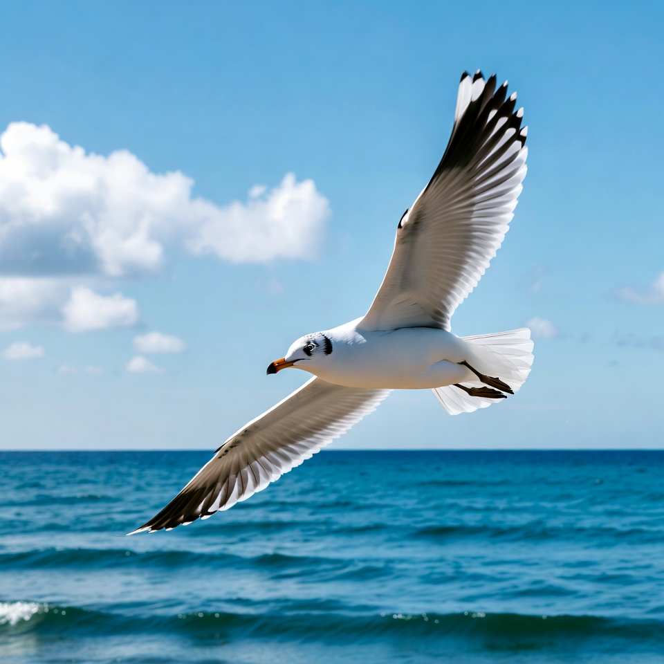 Seagull flying over ocean Seagull flying over ocean