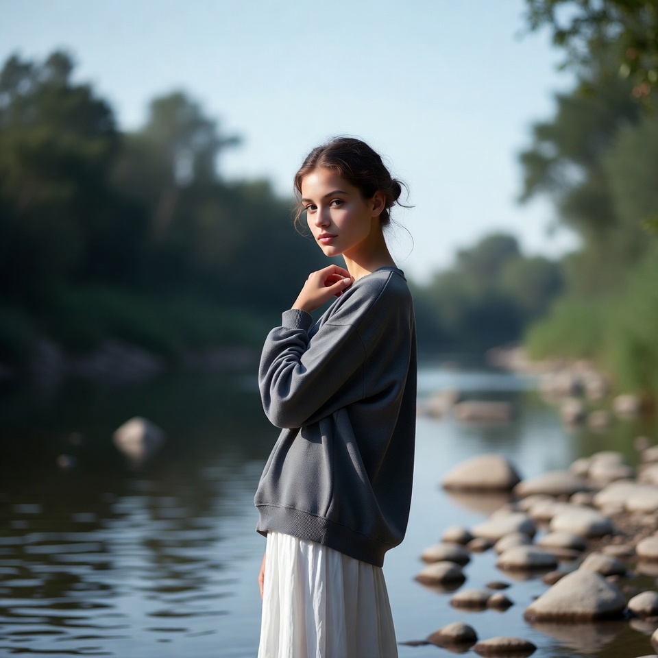 Young woman in gray sweatshirt by river Young woman in gray sweatshirt by river