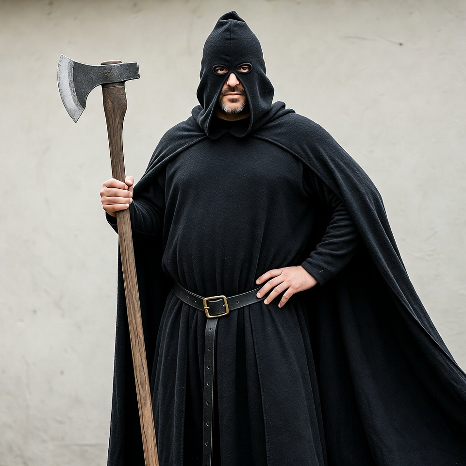 Man in black hood holding axe Man in black hood holding axe