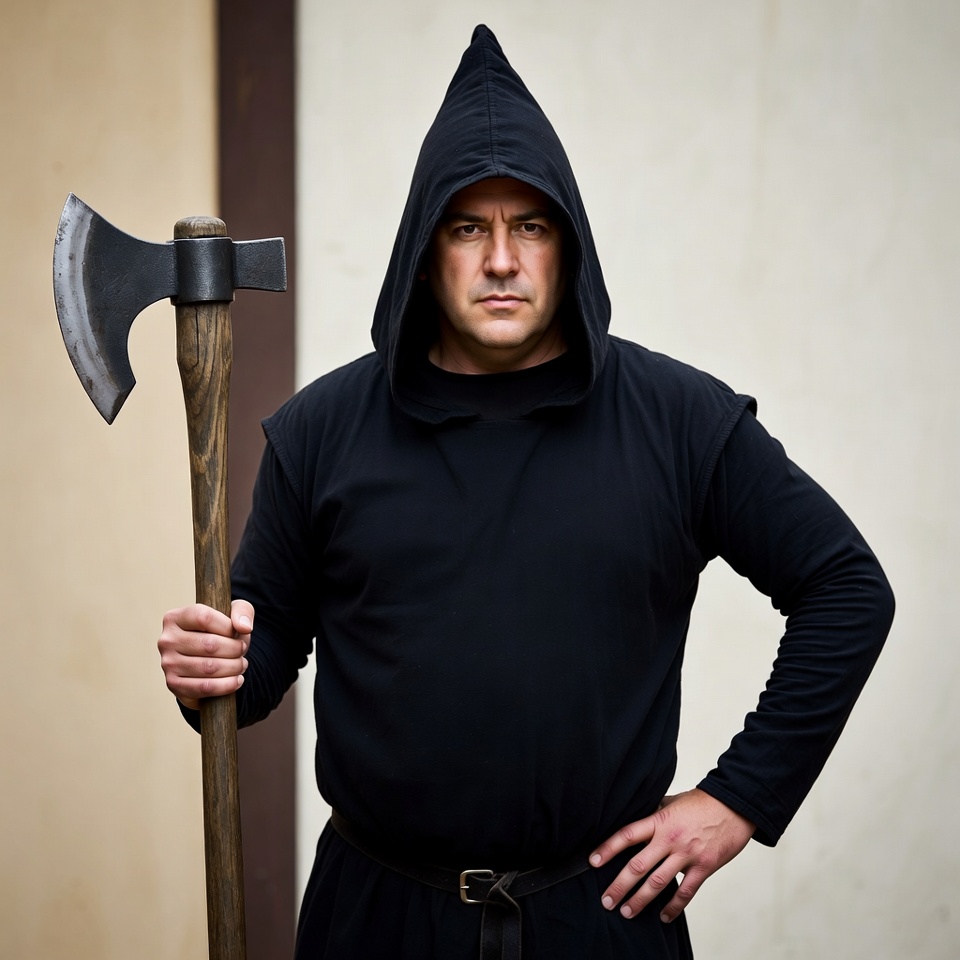 Man in black hood holding axe Man in black hood holding axe