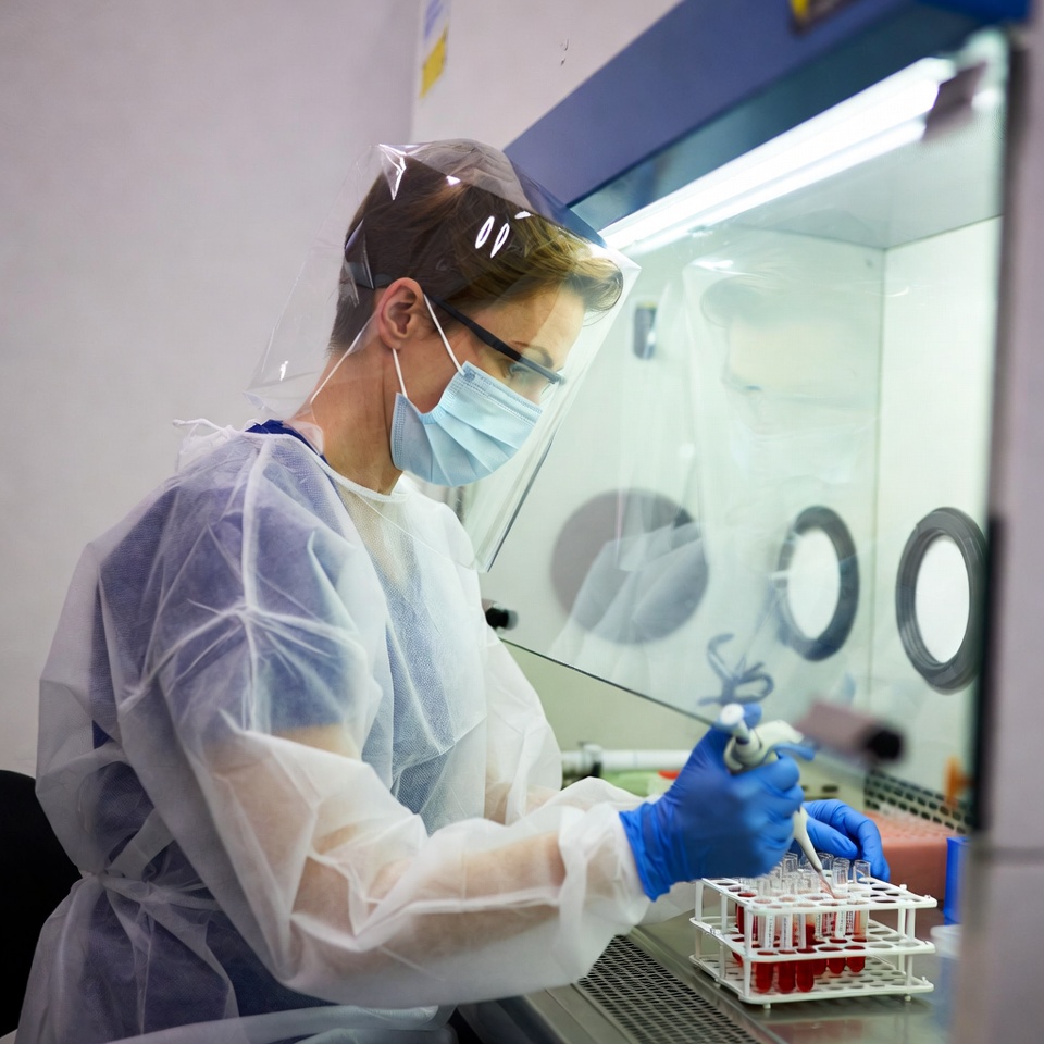 Woman pipetting samples in biosafety cabinet Woman pipetting samples in biosafety cabinet