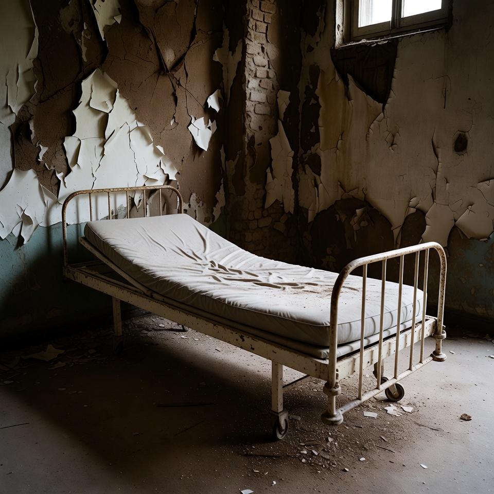 Abandoned Hospital Bed in Ruined Room Abandoned Hospital Bed in Ruined Room
