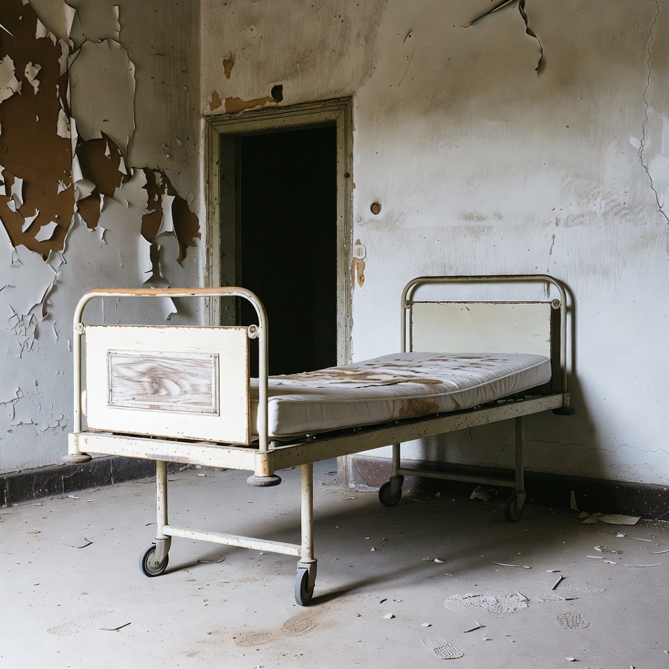 Abandoned Hospital Bed in Ruined Room Abandoned Hospital Bed in Ruined Room
