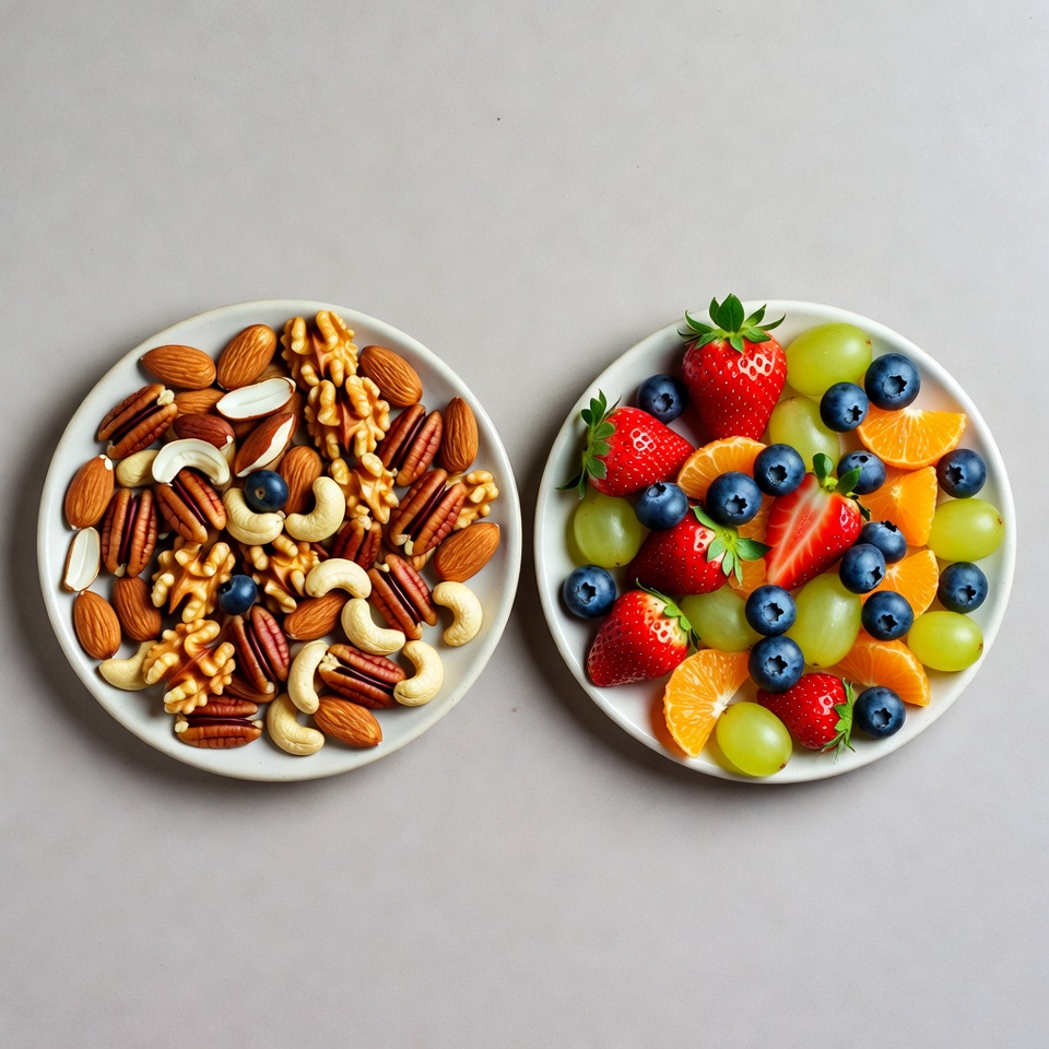 Mixed Nuts and Fresh Berries on Plates Mixed Nuts and Fresh Berries on Plates