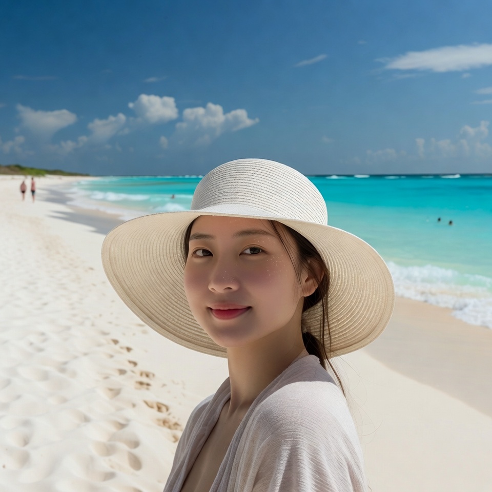 Asian woman in wide hat on beach Asian woman in wide hat on beach