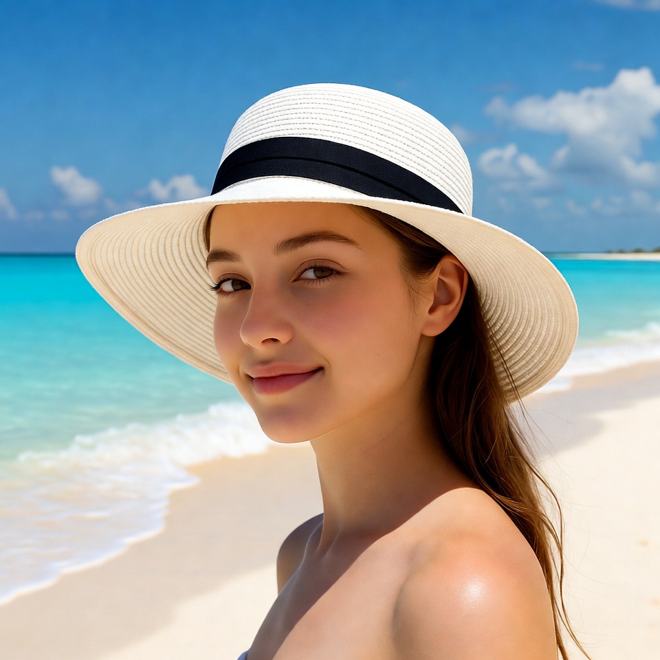 Young woman in straw hat on beach Young woman in straw hat on beach