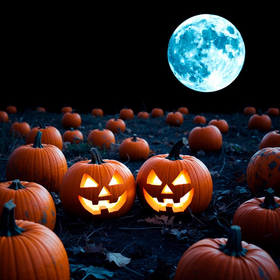 Two Lit Jack-o-Lanterns with Blue Moon Two Lit Jack-o-Lanterns with Blue Moon