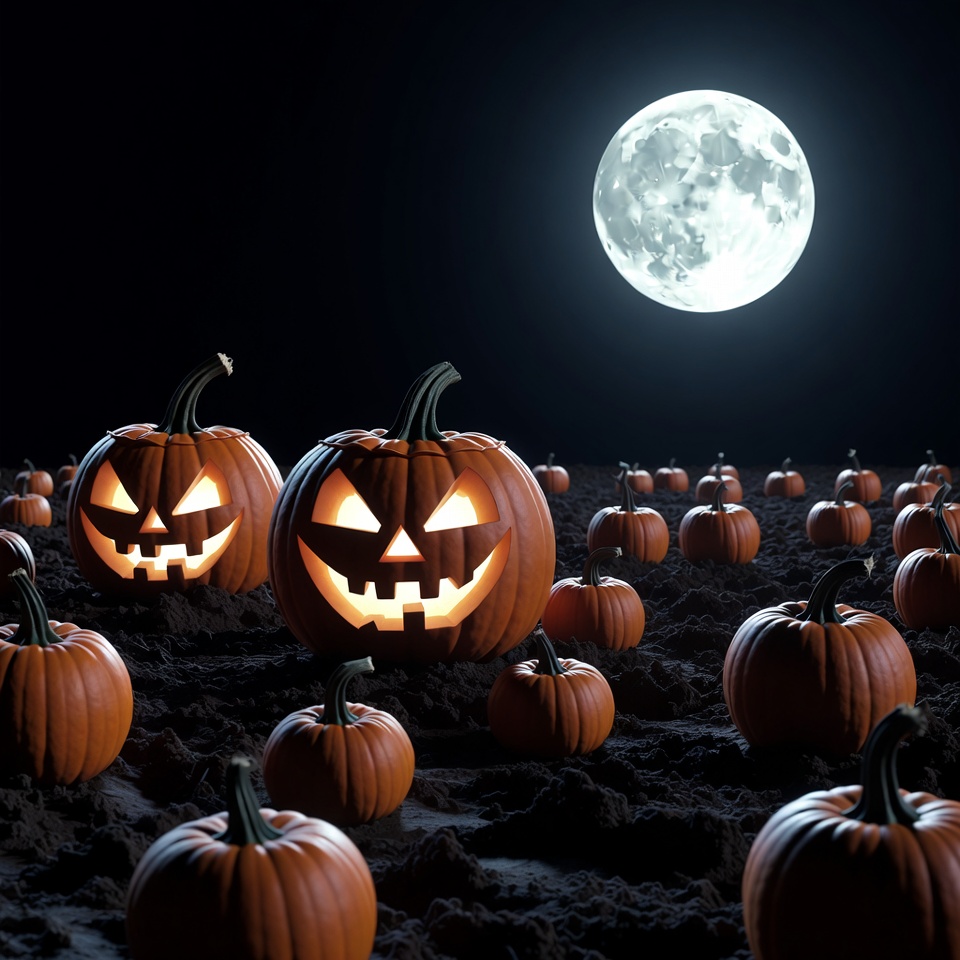 Jack-o'-lanterns in pumpkin patch under moon Jack-o'-lanterns in pumpkin patch under moon