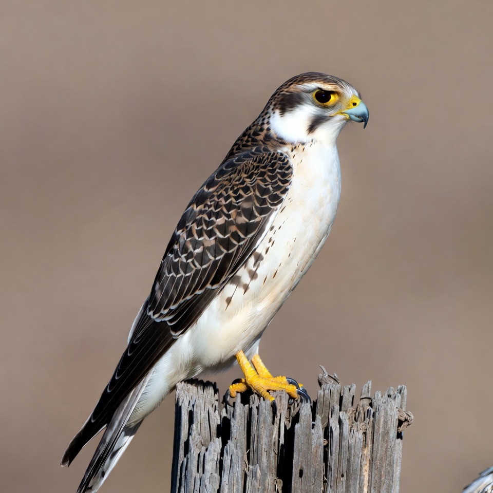 Falcon perched on wooden post Falcon perched on wooden post