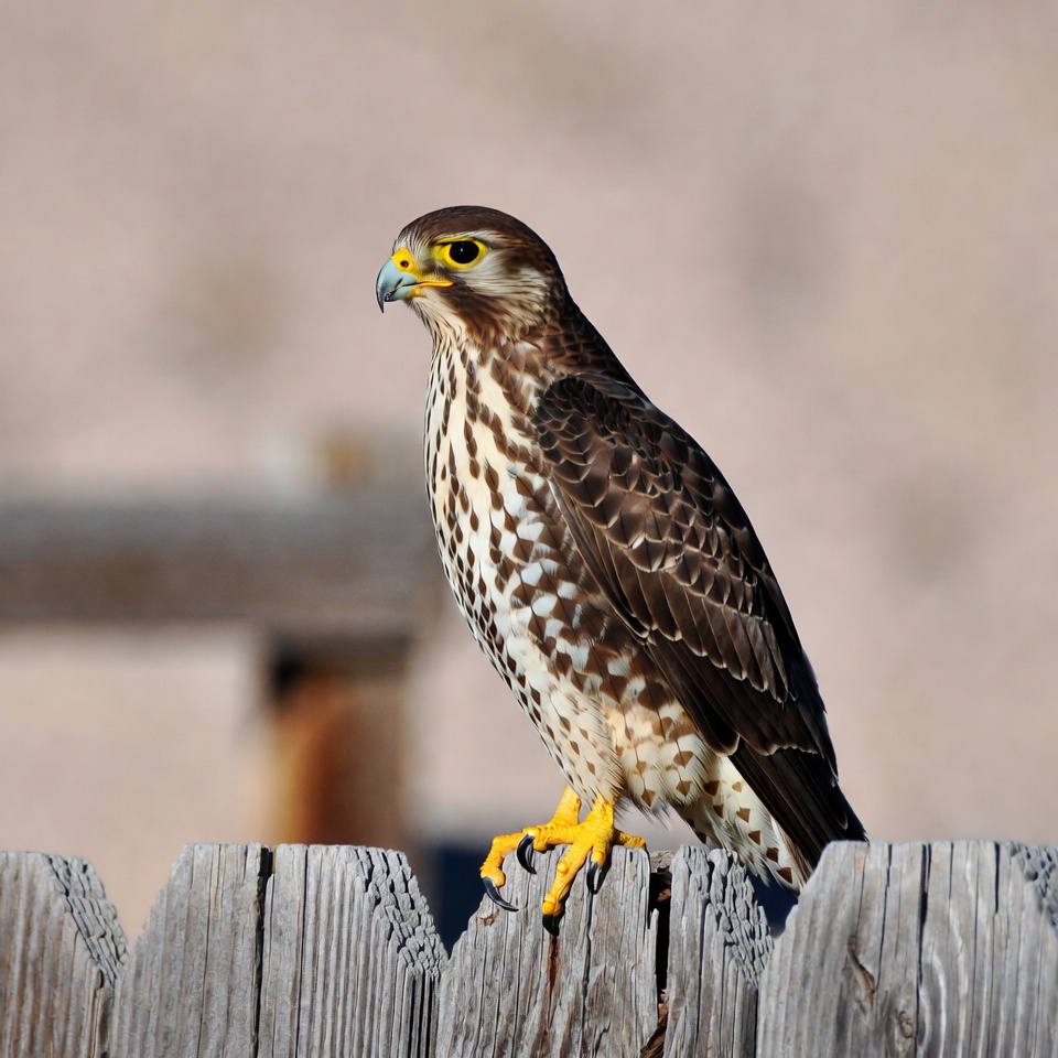 Falcon perched on wooden fence Falcon perched on wooden fence