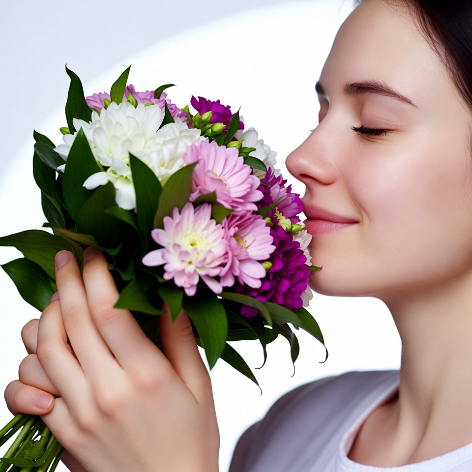 Woman smelling colorful bouquet Woman smelling colorful bouquet