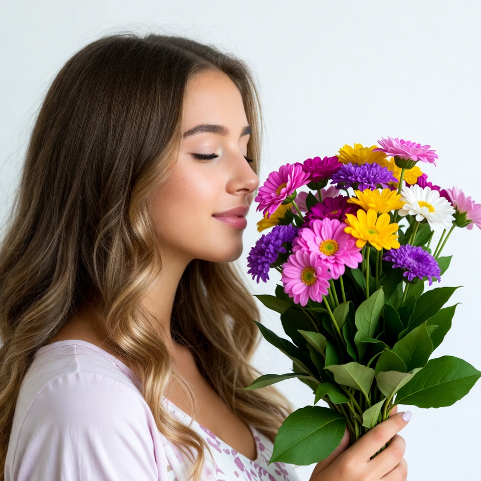 Woman smelling colorful bouquet Woman smelling colorful bouquet