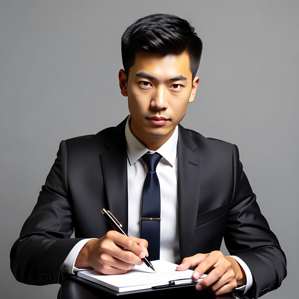 Asian man writing in suit Asian man writing in suit