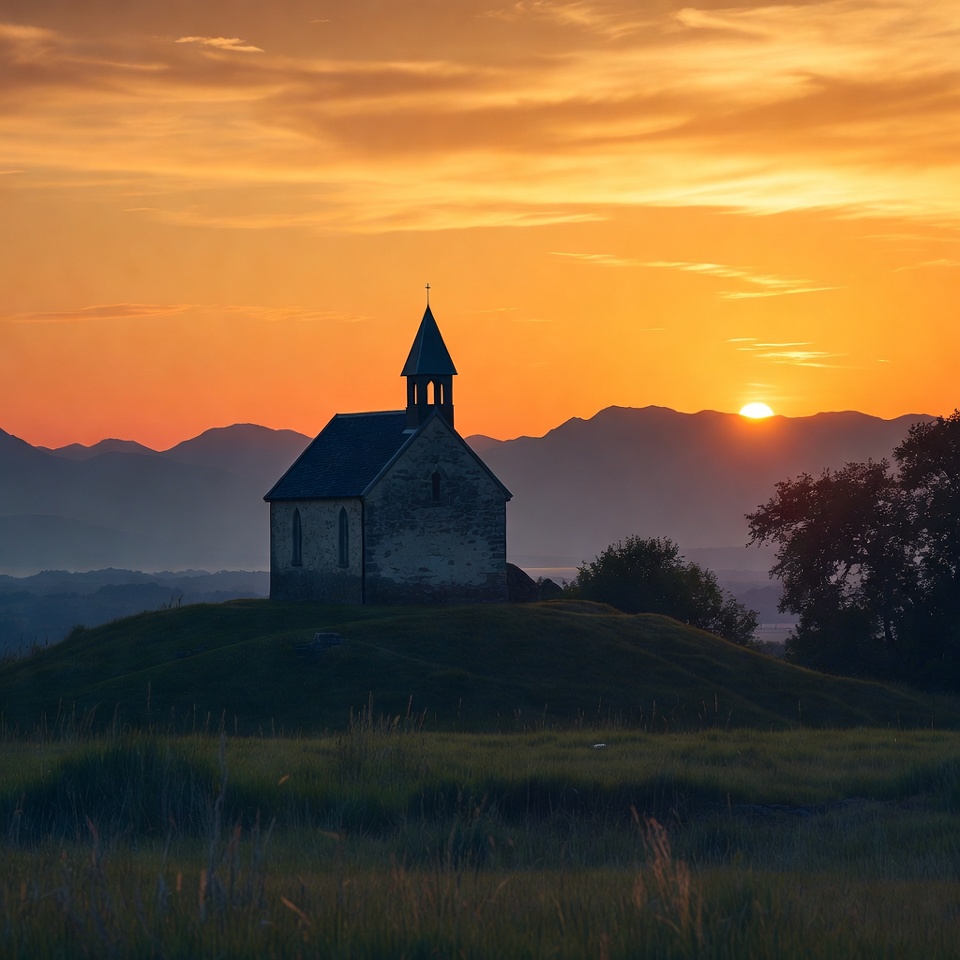 Small chapel silhouetted at sunset mountains Small chapel silhouetted at sunset mountains