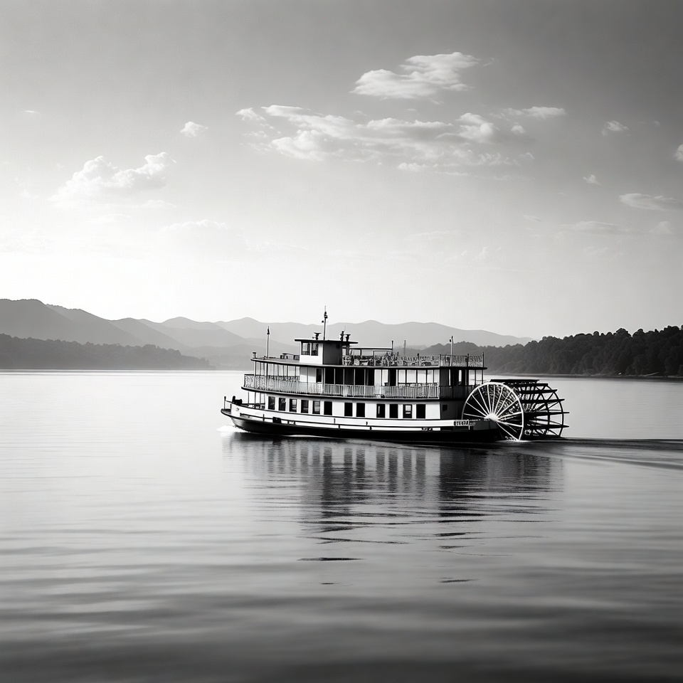 Paddlewheel Steamboat on Calm Lake Paddlewheel Steamboat on Calm Lake