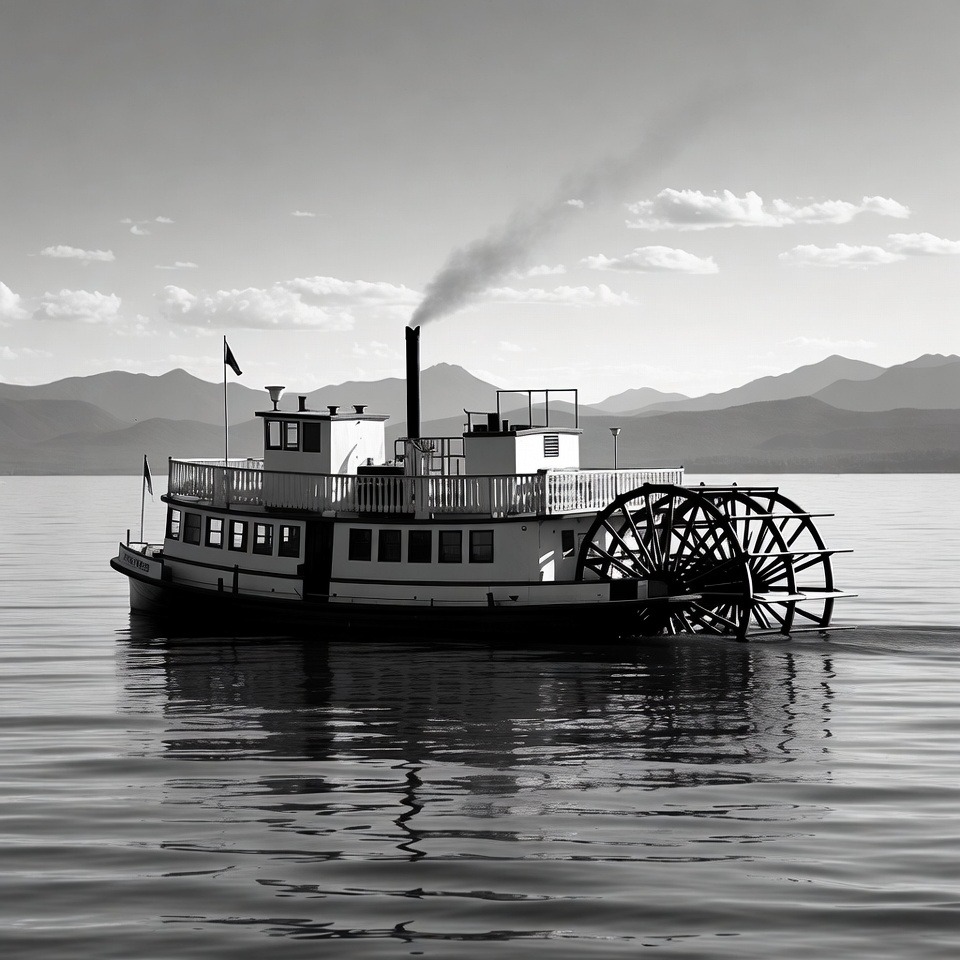 Black and White Paddle Steamer on Lake Black and White Paddle Steamer on Lake