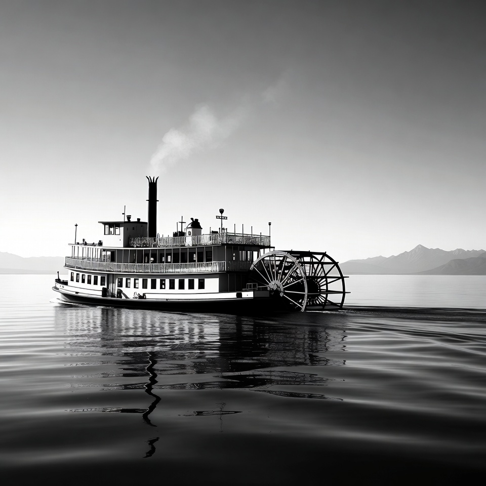 Black and white paddle steamer on lake Black and white paddle steamer on lake