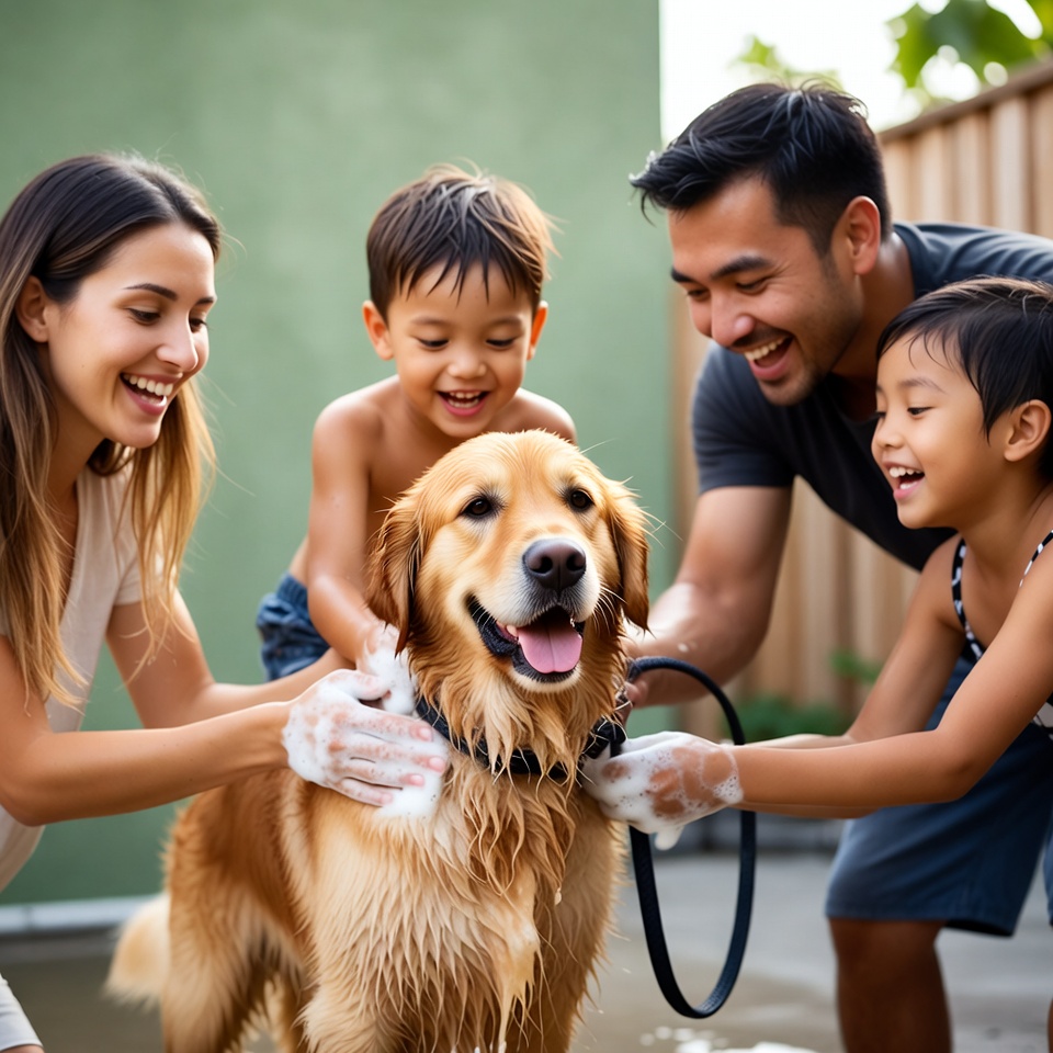 Asian family washing golden retriever Asian family washing golden retriever