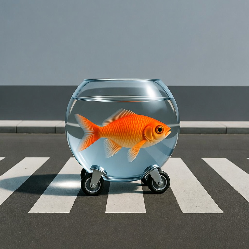Goldfish in rolling fishbowl on crosswalk Goldfish in rolling fishbowl on crosswalk