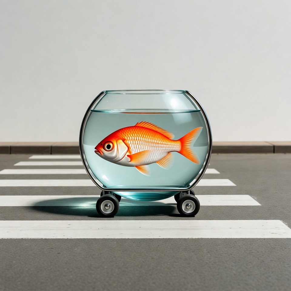 Goldfish in wheeled bowl on crosswalk Goldfish in wheeled bowl on crosswalk