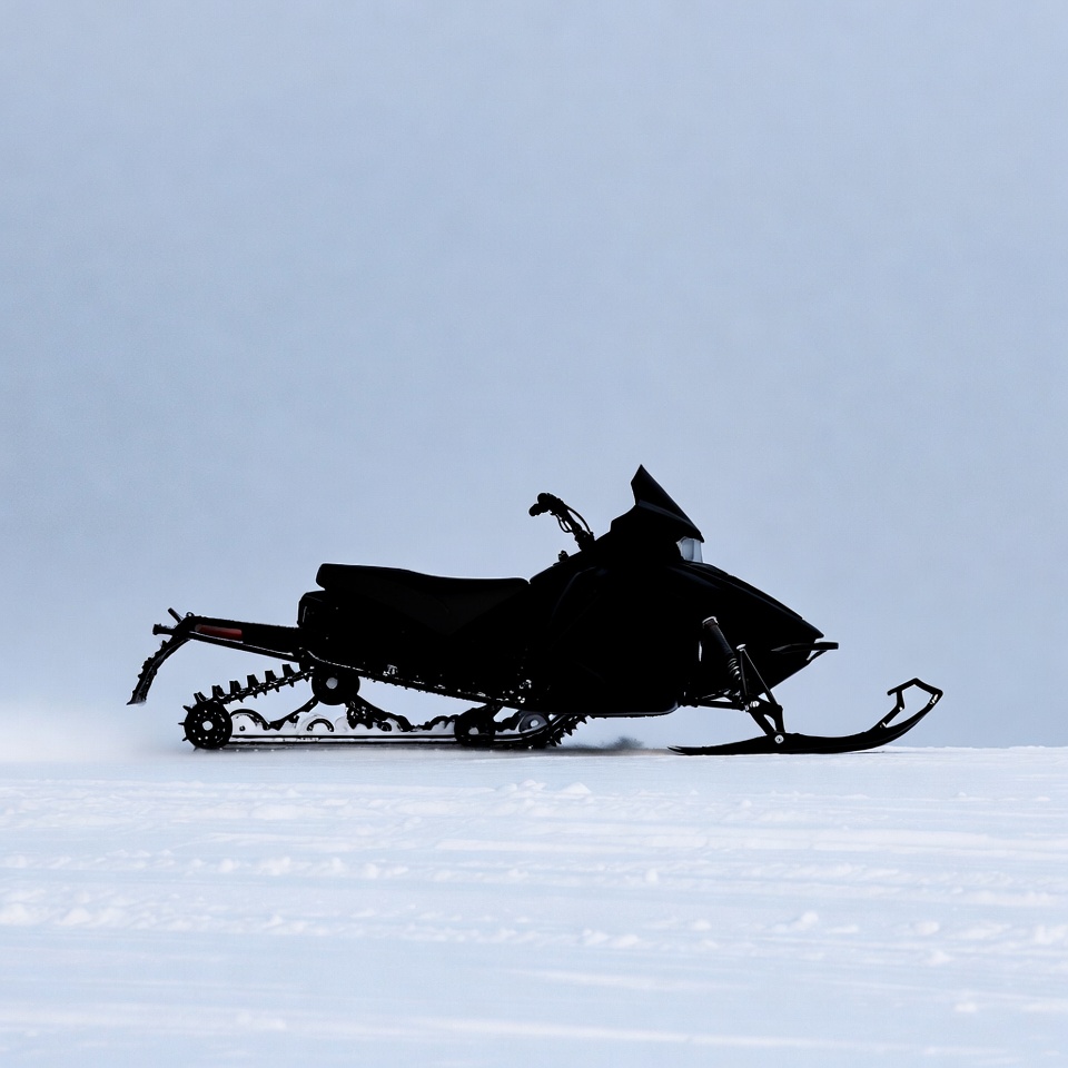 Black snowmobile on snowy landscape Black snowmobile on snowy landscape
