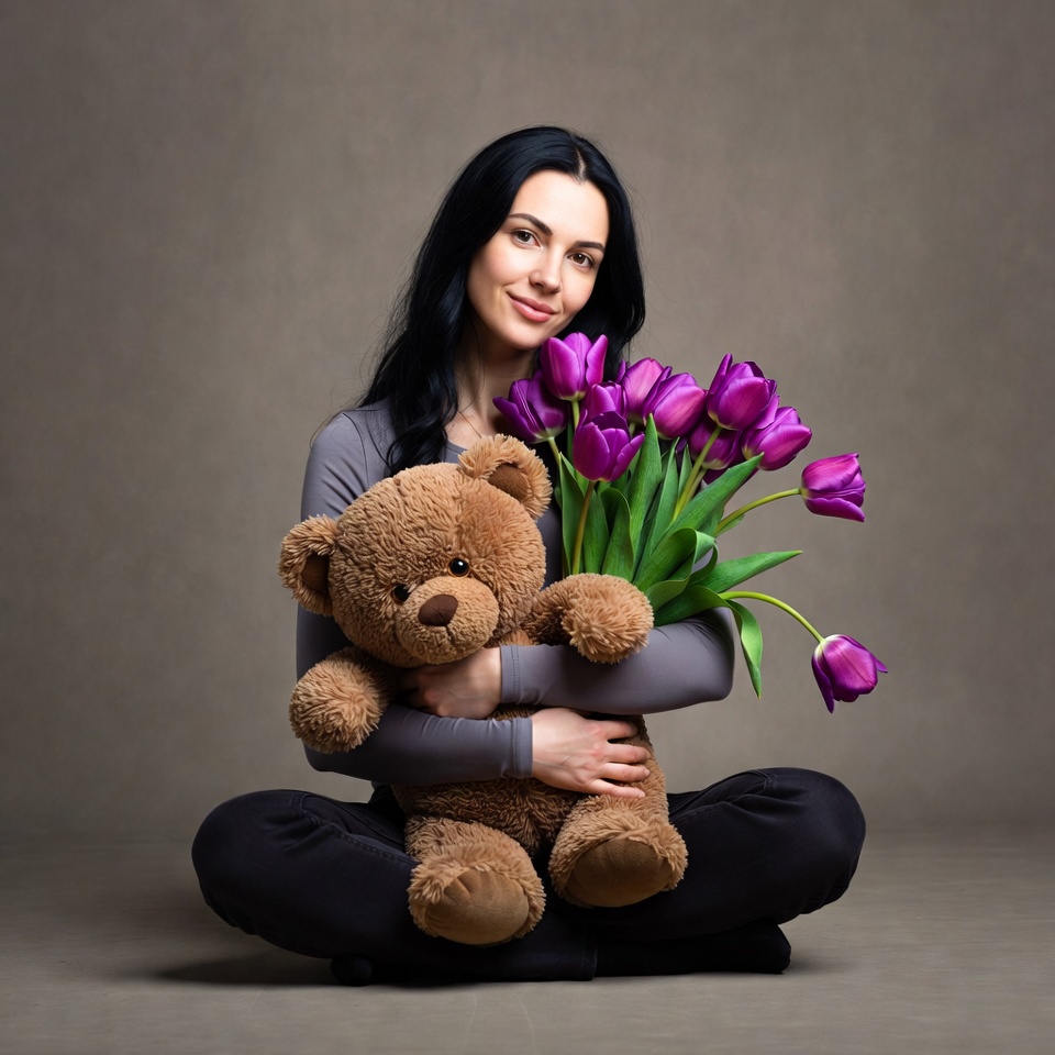 Woman holding teddy bear and tulips Woman holding teddy bear and tulips