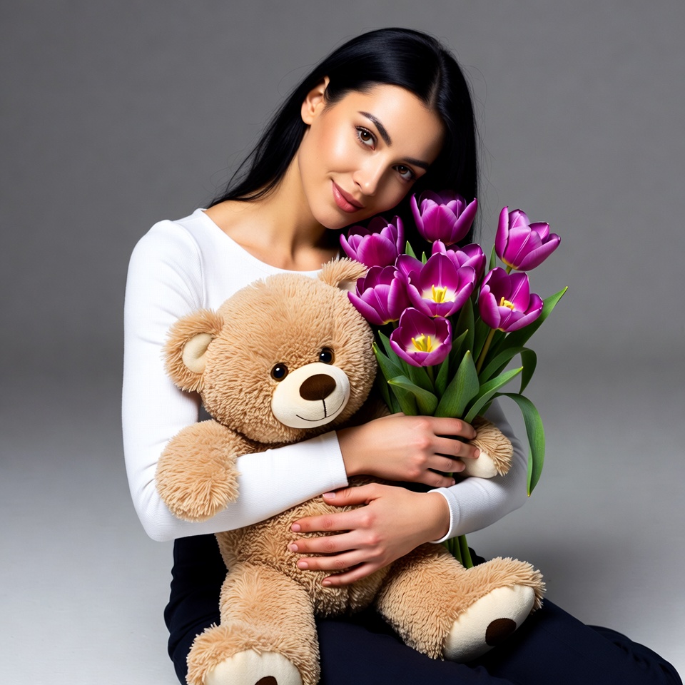 Woman holding teddy bear and tulips Woman holding teddy bear and tulips