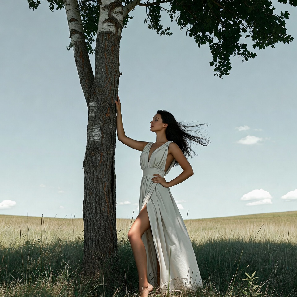 Woman leaning against birch tree Woman leaning against birch tree