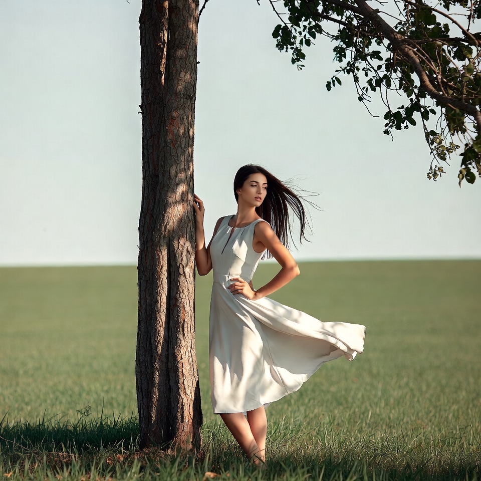 Woman in white dress by tree Woman in white dress by tree