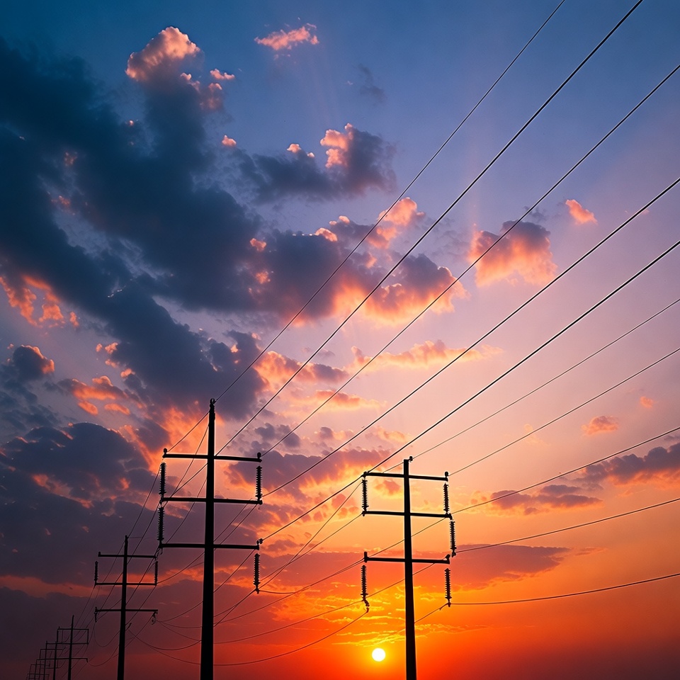 Power lines silhouetted against sunset sky Power lines silhouetted against sunset sky