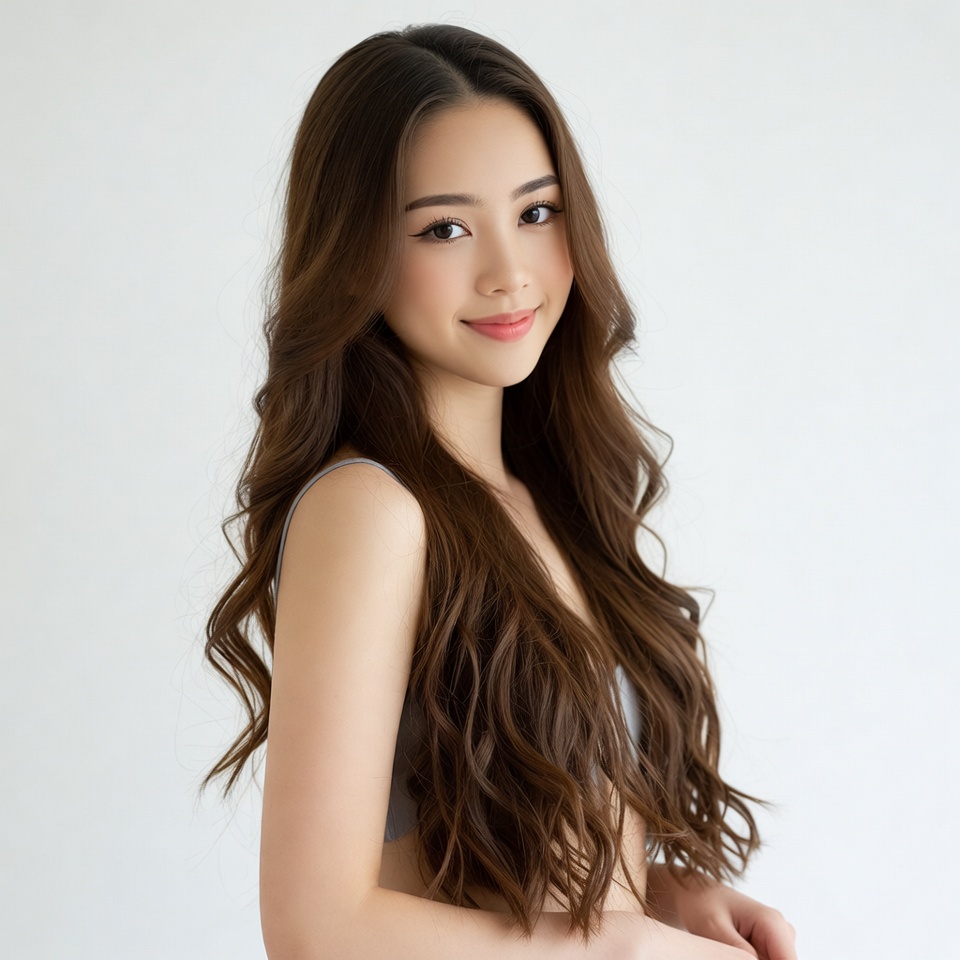 Asian woman with long wavy hair Asian woman with long wavy hair