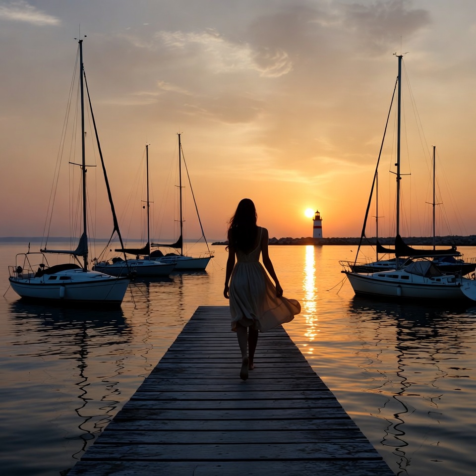 Woman walking on pier at sunset Woman walking on pier at sunset