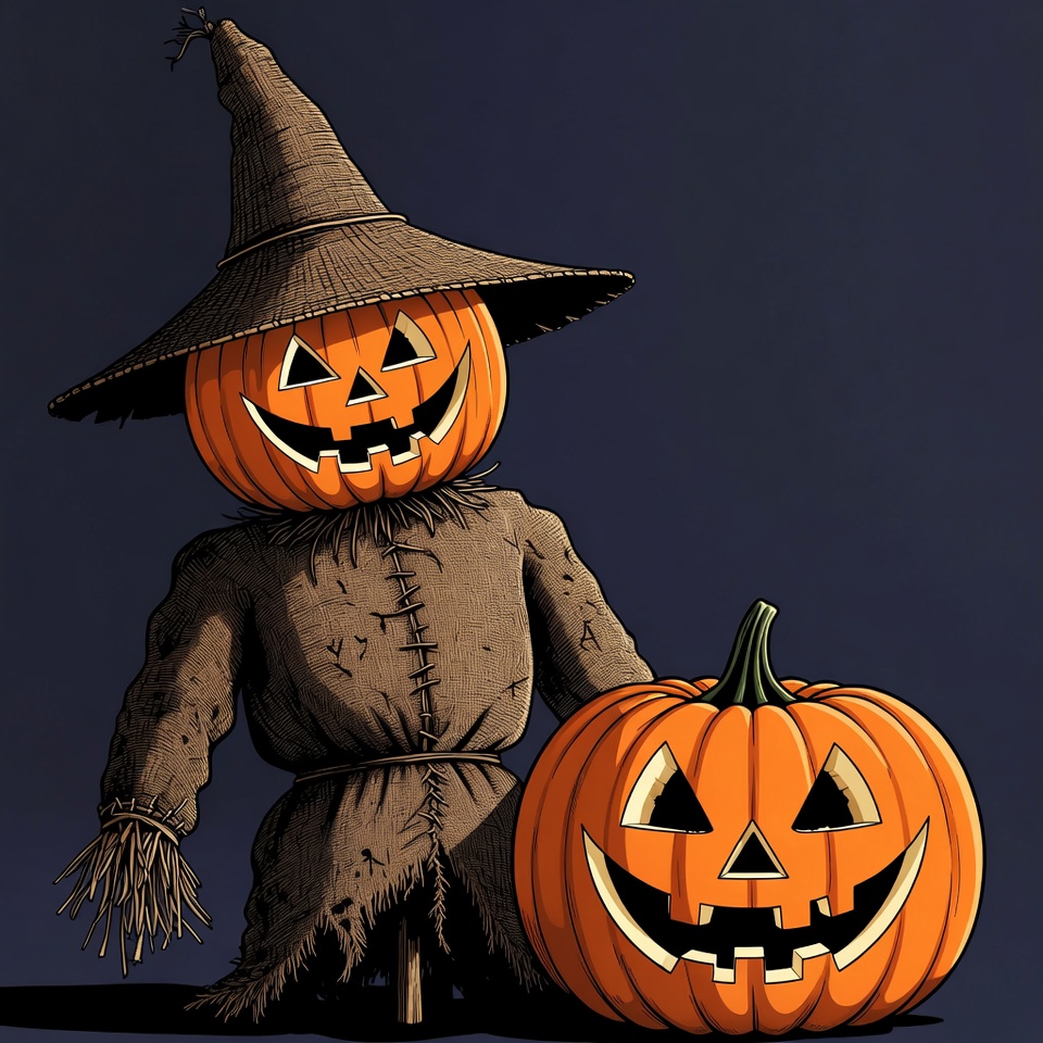 Scarecrow with Jack-o-Lantern Hat and Pumpkin Scarecrow with Jack-o-Lantern Hat and Pumpkin