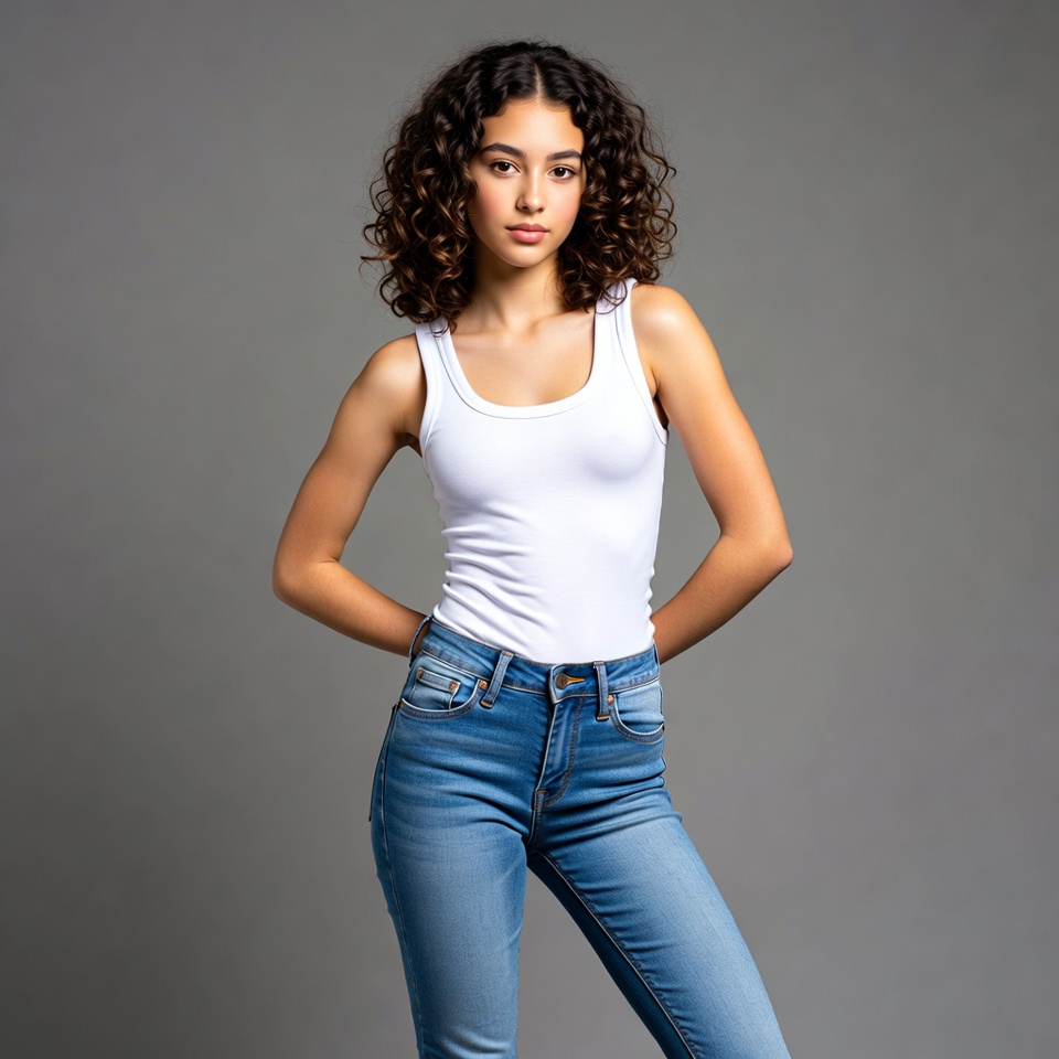 Curly-haired woman in white tank top Curly-haired woman in white tank top