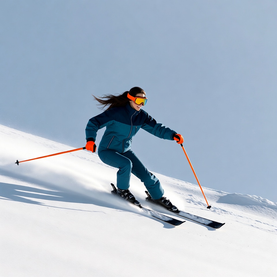 Woman skiing down snowy slope Woman skiing down snowy slope