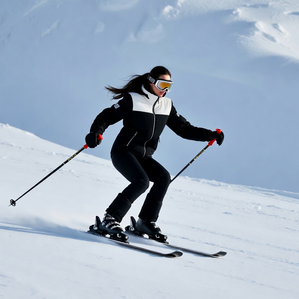 Woman skiing down snowy slope Woman skiing down snowy slope