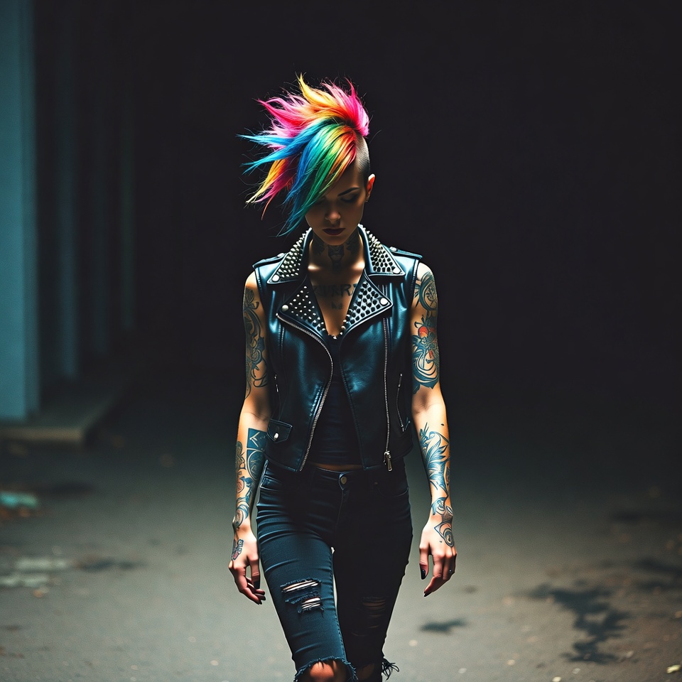 Woman with rainbow mohawk in leather jacket Woman with rainbow mohawk in leather jacket