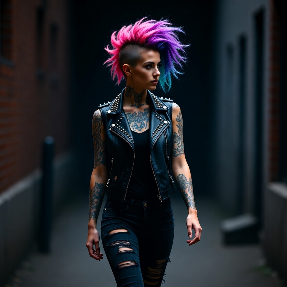 Woman with pink mohawk in alley Woman with pink mohawk in alley