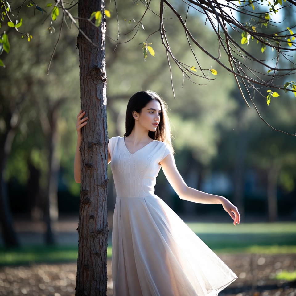 Woman in white dress leaning on tree Woman in white dress leaning on tree