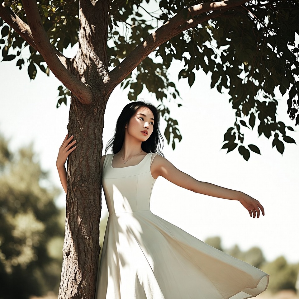 Asian woman leaning against tree Asian woman leaning against tree