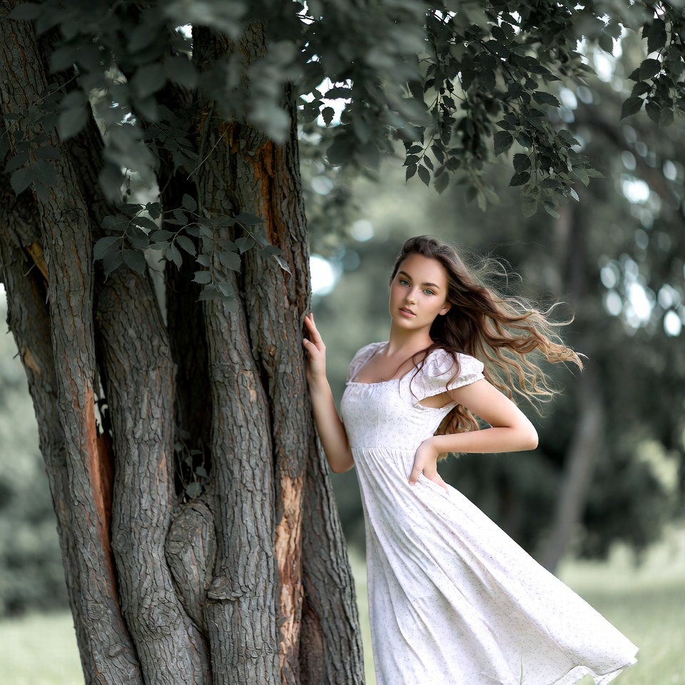 Young woman leaning against tree Young woman leaning against tree