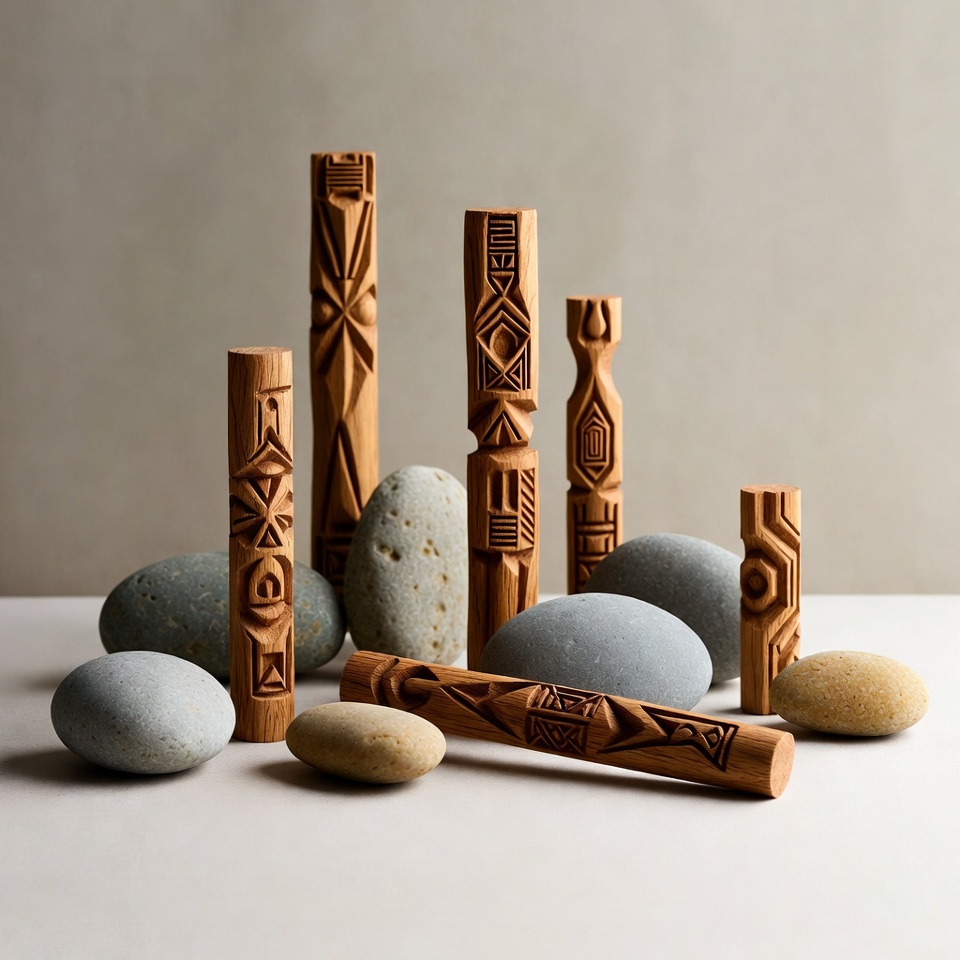Carved Wooden Totems and Stones Carved Wooden Totems and Stones