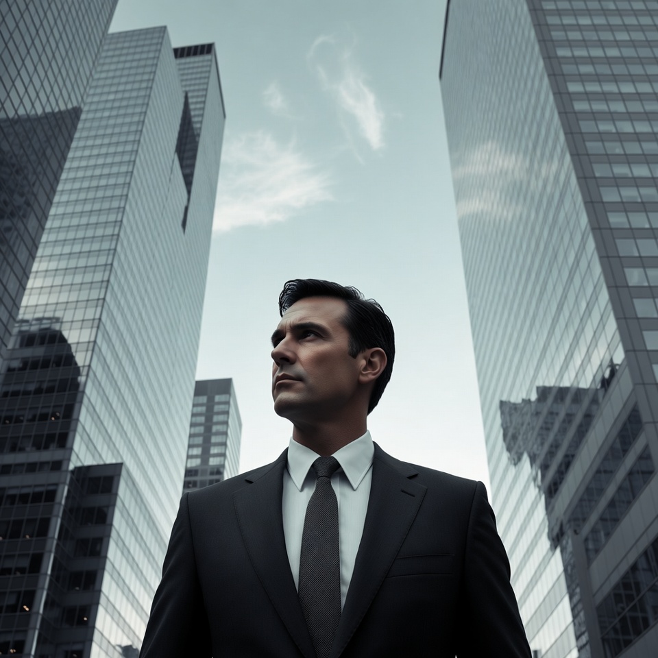 Man in suit standing among skyscrapers Man in suit standing among skyscrapers