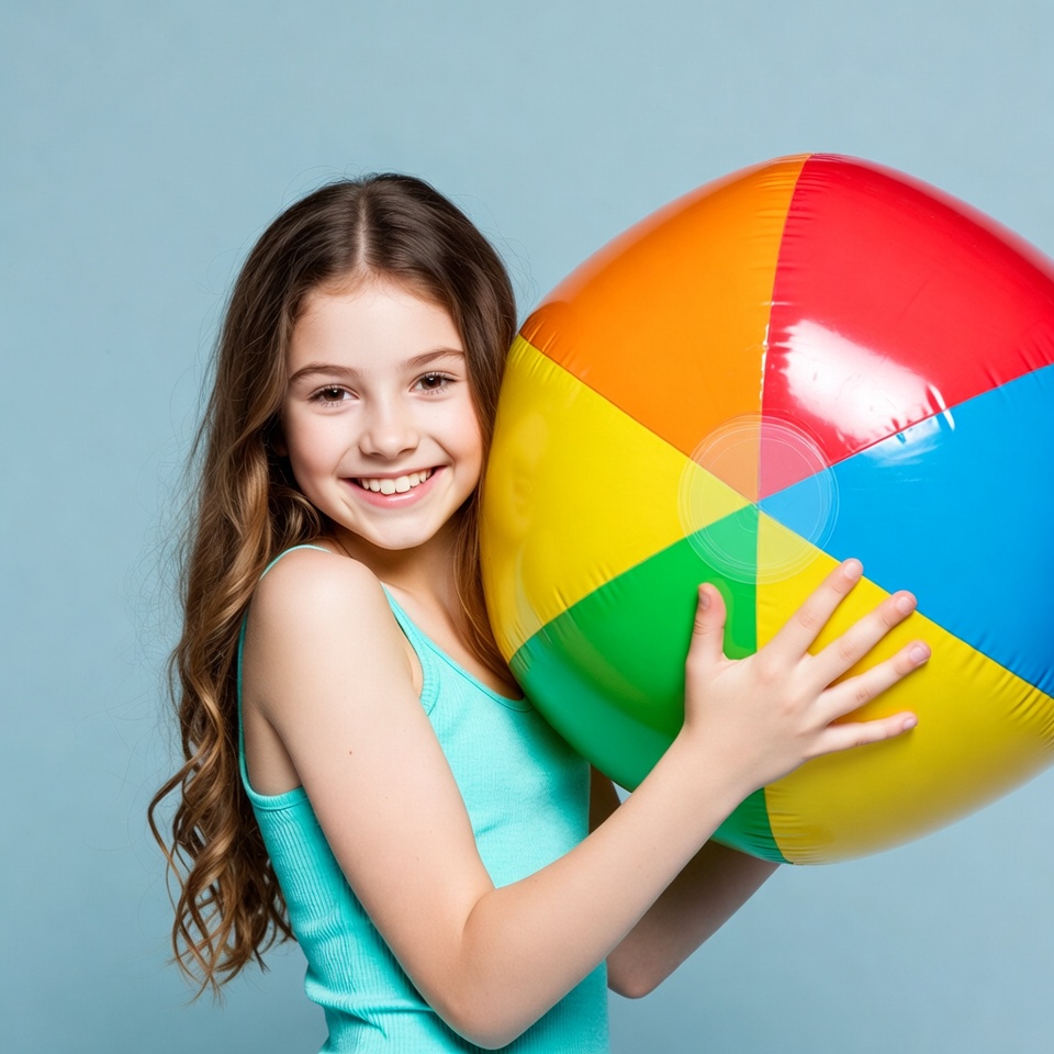 Girl holding large colorful beach ball Girl holding large colorful beach ball